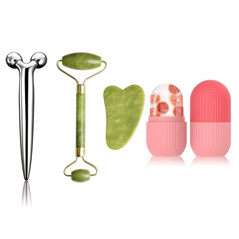 3D Manual Roller Face Body Massager With And Anti Aging Natural Jade Stone Roller Msagger With Gua Sha Tools for Face and Body Massager (3D Roller & Stone)