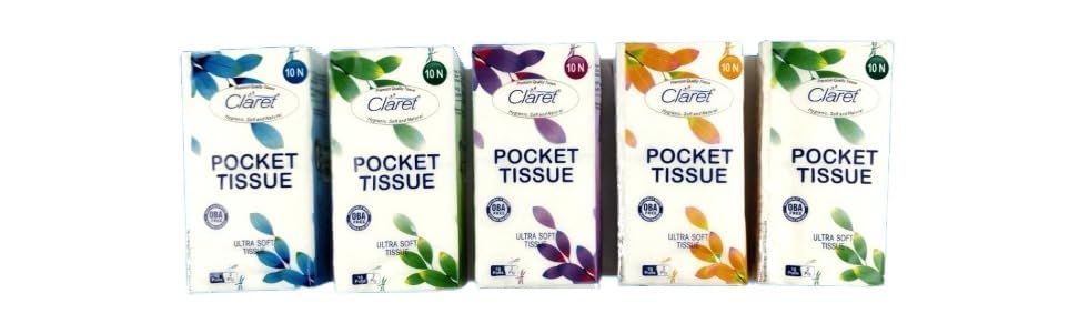 Claret Pocket Ultra Soft Tissue - 2-Ply, 10 Pulls per Pack, 10 Packs (Total 20 Tissues) - Easy to Carry, On-the-Go Tissue Paper