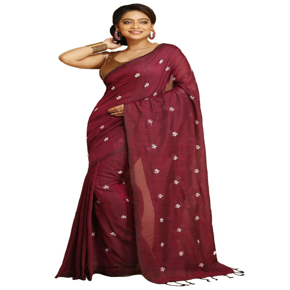 BENGAL HANDLOOM Shiuli Flower Butik Work Saree With Blouse Piece (Magenda)