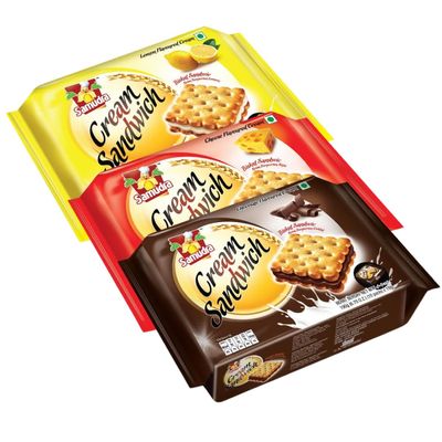 Samudra Cream Biscuit | Assorted Cream Sandwich Biscuit | Chocolate Biscuit | Cheese Biscuit | Lemon Biscuit - PACK OF 3 (190g Each)