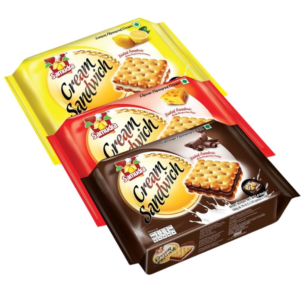 Samudra Cream Biscuit | Assorted Cream Sandwich Biscuit | Chocolate Biscuit | Cheese Biscuit | Lemon Biscuit - PACK OF 3 (190g Each)