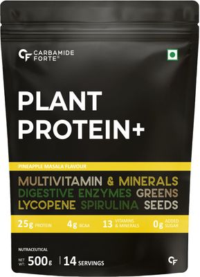Carbamide Forte Plant Protein Powder - Plant Based Protein Powder with Multivitamin, Minerals, Superfoods, Pea Protein, Digestive Enzymes | Plant Protein Powder - Pineapple Masala Flavour - 500g