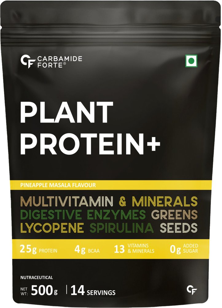 Carbamide Forte Plant Protein Powder - Plant Based Protein Powder with Multivitamin, Minerals, Superfoods, Pea Protein, Digestive Enzymes | Plant Protein Powder - Pineapple Masala Flavour - 500g