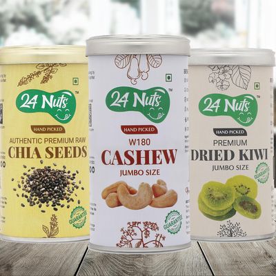 24 Nuts Hand Picked Jumbo Size Premium Cashew W180, Raw Chia Seeds and Dried Kiwi Combo Pack of 750 gm (250gx3)