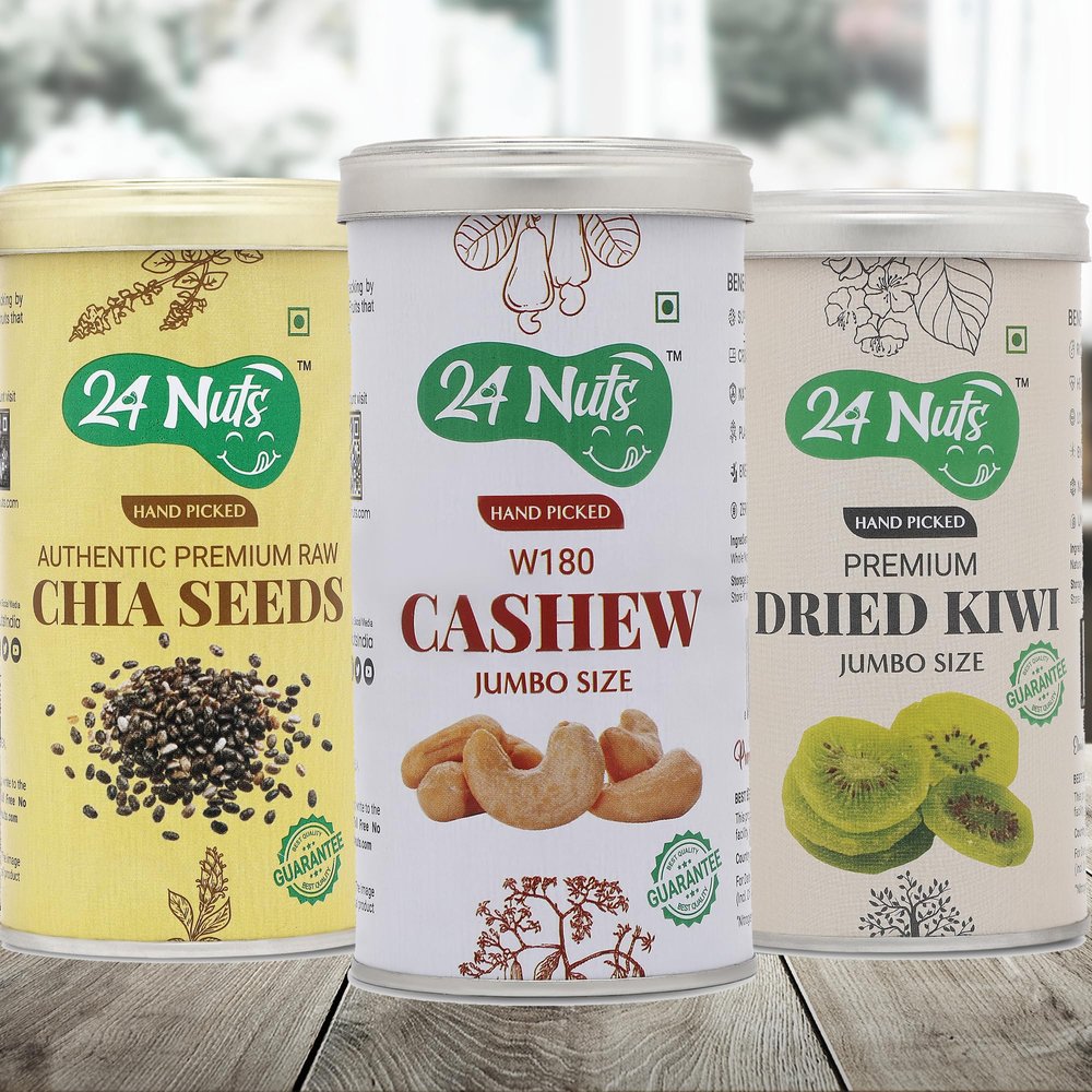 24 Nuts Hand Picked Jumbo Size Premium Cashew W180, Raw Chia Seeds and Dried Kiwi Combo Pack of 750 gm (250gx3)