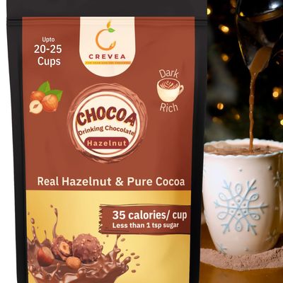CREVEA Chocoa Hazelnut Healthy Hot Chocolate Powder (20-25 Cups)|Real Hazelnut, Dark Chocolate, Vanilla|No Refined Sugar, Low Calorie|Guilt Free Drinking Chocolate Powder For Milk (200G)