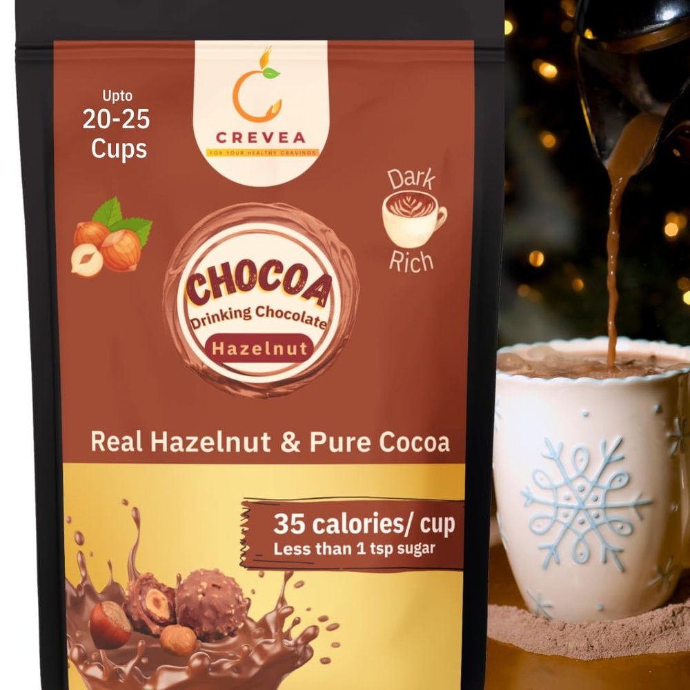 CREVEA Chocoa Hazelnut Healthy Hot Chocolate Powder (20-25 Cups)|Real Hazelnut, Dark Chocolate, Vanilla|No Refined Sugar, Low Calorie|Guilt Free Drinking Chocolate Powder For Milk (200G)
