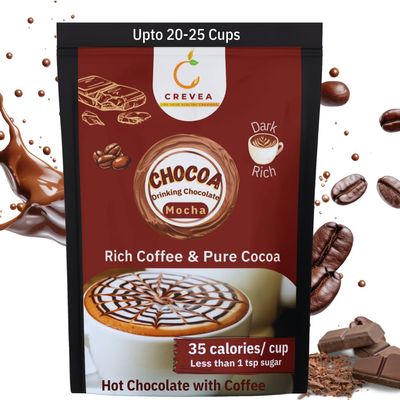 CREVEA Chocoa Mocha: Low Sugar, Rich Coffee & Dark Cocoa Hot Chocolate Mix (20-24 Servings, 200G) - Rs. 18 per serve