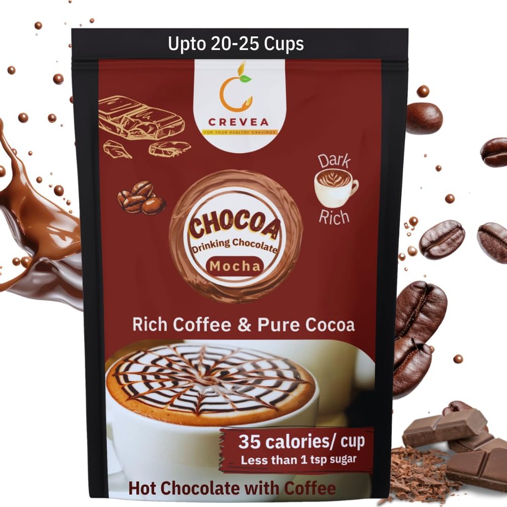 CREVEA Chocoa Mocha: Low Sugar, Rich Coffee & Dark Cocoa Hot Chocolate Mix (20-24 Servings, 200G) - Rs. 18 per serve
