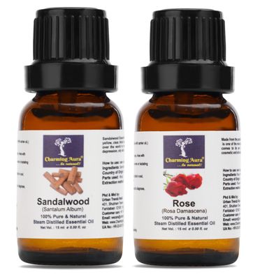 Charming Aura- Sandalwood & Rose 100% Pure & Natural Essential Oil, Steam Distilled & Undiluted for Skin Care, Hair Care, Aromatherapy, Massage, Diffuser, 15ml+15ml (Sandal + Rose, 30ml)