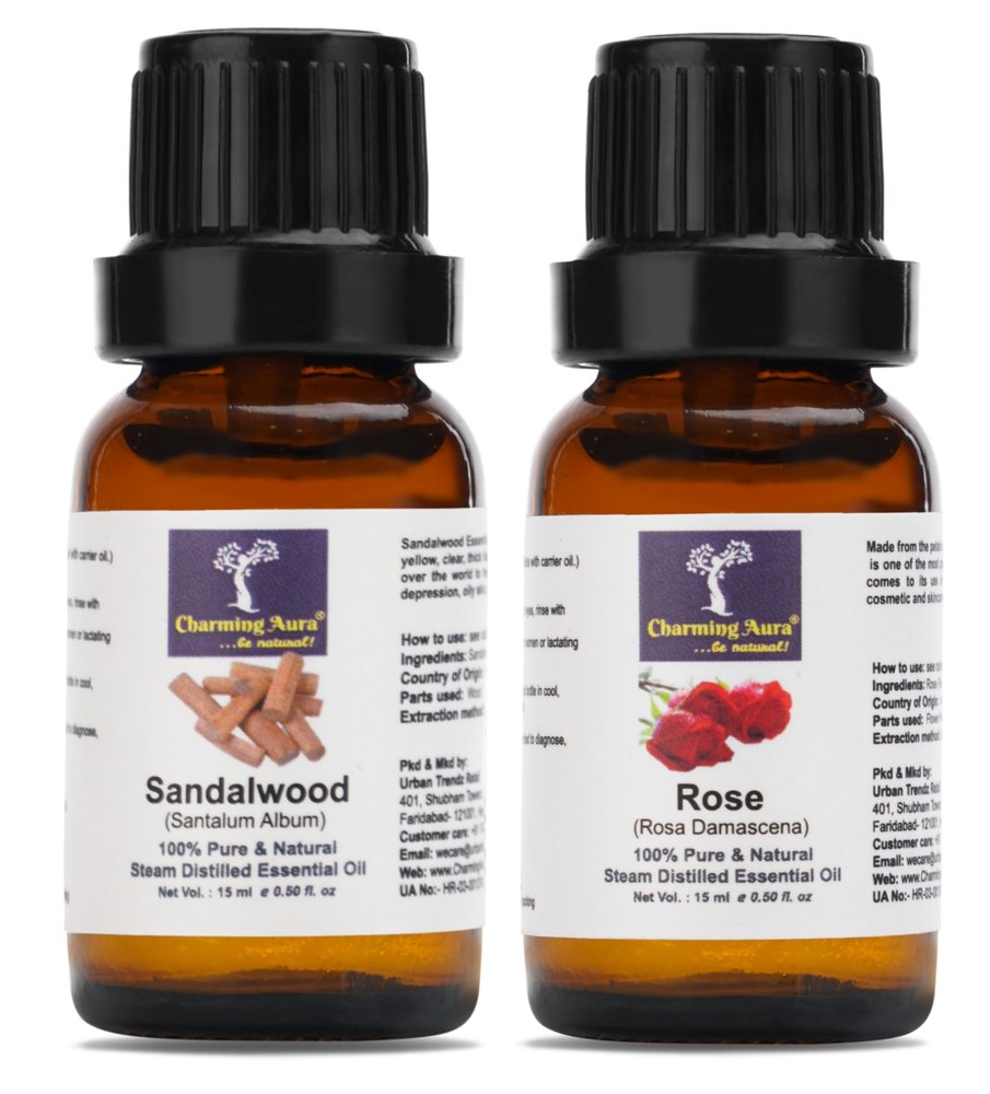 Charming Aura- Sandalwood & Rose 100% Pure & Natural Essential Oil, Steam Distilled & Undiluted for Skin Care, Hair Care, Aromatherapy, Massage, Diffuser, 15ml+15ml (Sandal + Rose, 30ml)