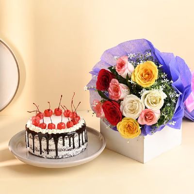FlowerAura Premium Combo of Fresh Live 10 Mix Rose Flower Bouquet With Delicious 500g Cherrish Black Forest Cake For Birthday | Anniversary | Valentine's Day | New Year | Christmas (Same Day Delivery)