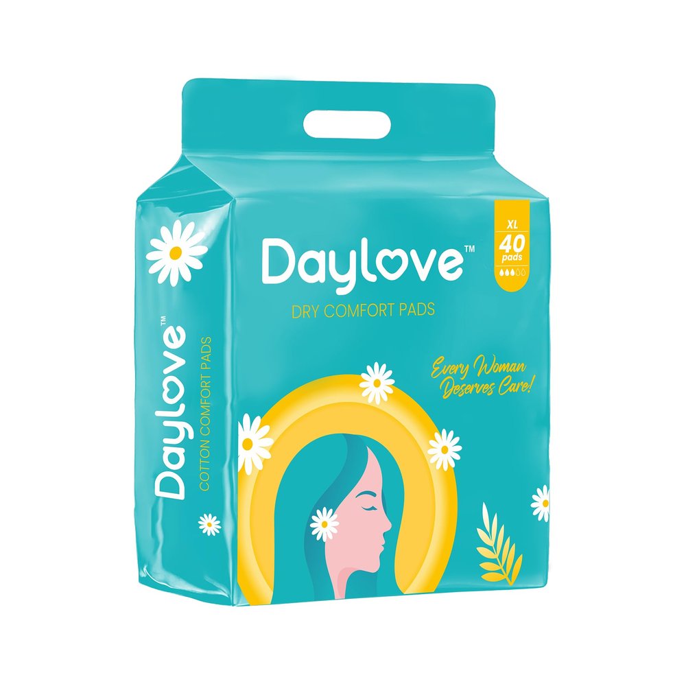 Daylove Dry Comfort Sanitary Pads XXL, 40 Count - Leak-Proof, Extra Absorbent & Skin Friendly Pad for Periods - No Fragrance, Chlorine, or Chemicals Sanitary Napkins for Women & Teen Girls