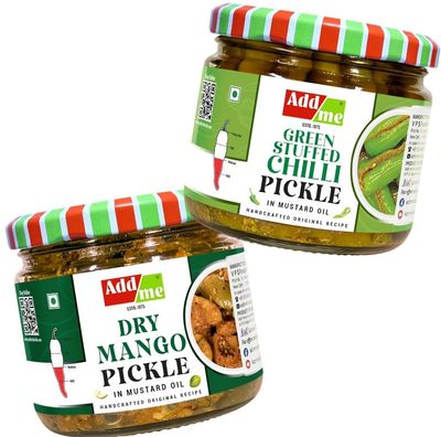 Add Me Combo Pickle | Dry Mango Pickle 300g (Aam ka Achar) and Green Stuffed Chilli 300g Pickles (Hari Mirch ka Bharua Achaar) | Home made indian achaar | 300 Gm each| Pack of 2