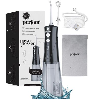Perfora Power Dental Water Flosser - 300ml | 2 Year Warranty | 8 Water Pressure Settings & 2 Nozzles, 1500mAh Battery | Rechargeable Dental Floss for Teeth Oral Care, IPX7 Waterproof (Black)