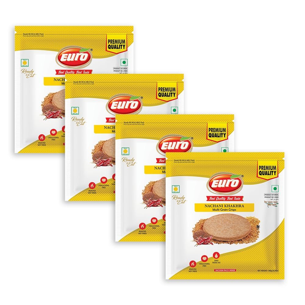Euro Nachani Khakhra 180Gm Pack Of 4 |Roasted Not Fried | Cholesterol Free | Zero Transfat |Vacuum-Sealed for Freshness | Authentic Gujarati Snack, Ideal for Tea Time | Healthy Millet Khakhra Options