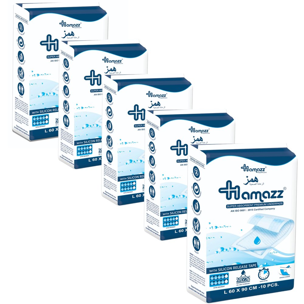 HAMAZZ Premium Underpads , Superior Absorbency,Leak Proof,Large, (60 x 90 Cm) Pack of 5,50 Count