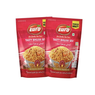 Euro Tasty Bhujia Sev 350gm Pack of 2 | Indian Snacks | Spicy Fine Bhujia Sev | Zero Trans Fats, Cholesterol Free | Vegan & Guilt-Free | Less oil | Ready to Eat Snacks