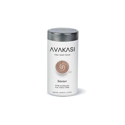 Avakasi Savour 99.9% Decaffeinated ground coffee in a collectible tin