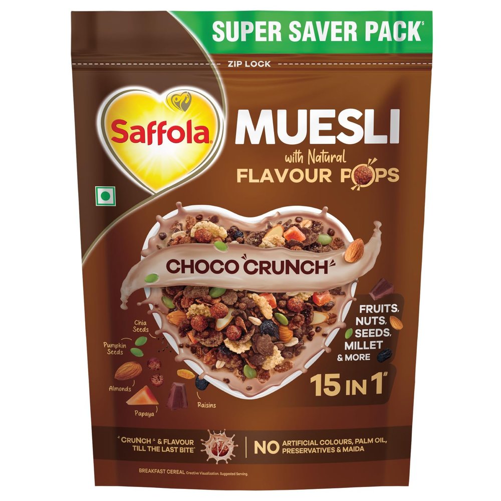 Saffola Muesli Choco Crunch with Flavour Pops, 700 gm | 15 in 1 Fruit and Nuts, Seeds, Millet & more | Cereals for breakfast rich in wholegrain, protein, fibre