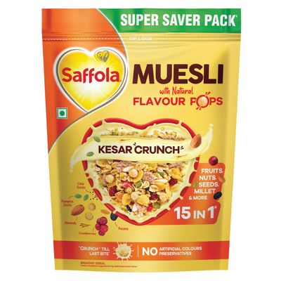 Saffola Muesli Kesar Crunch with Flavour Pops, 700 gm | 15 in 1 Fruit and Nuts, Seeds, Millet & more | Cereals for breakfast rich in wholegrain, protein, fibre