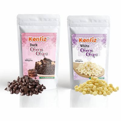 KONFIZ Dark & White Choco Chips Combo pack (500g) for Cake toppings Cooking & Baking Chips for Cakes, Cookies, Brownies, Muffins, Pancakes | Used for baking and decoration