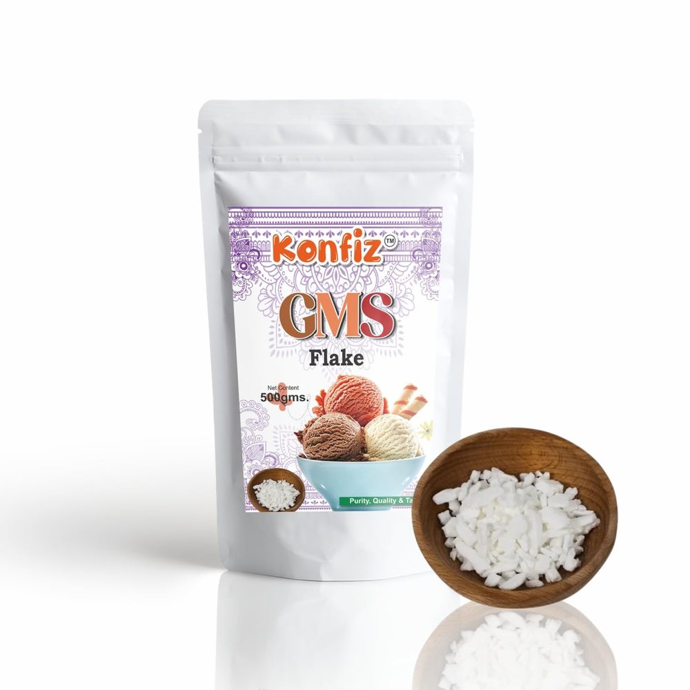 KONFIZ GMS Flake (Glycerol Monostearate) 500G for Ice Creams | Food Grade | Soft, Smooth and Creamy | Raising Ingredient Powder | Instant Ice Creams That Improves Texture & Softness