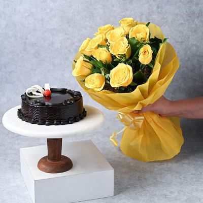 FlowerAura Tasty Fresh 500g Chocolate Cake With Fresh Live 10 Yellow Rose Bouquet For Valentine's Day Gift, Birthday Gift, Anniversary Gift, Women's Day Gift & Mother's Day Gift (Same Day Delivery)
