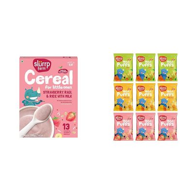 Slurrp Farm Cereal, Ragi, Rice and Strawberry with Milk and Pack of 9 Slurrp Farm Fruit and Vegetable Teething Puffs