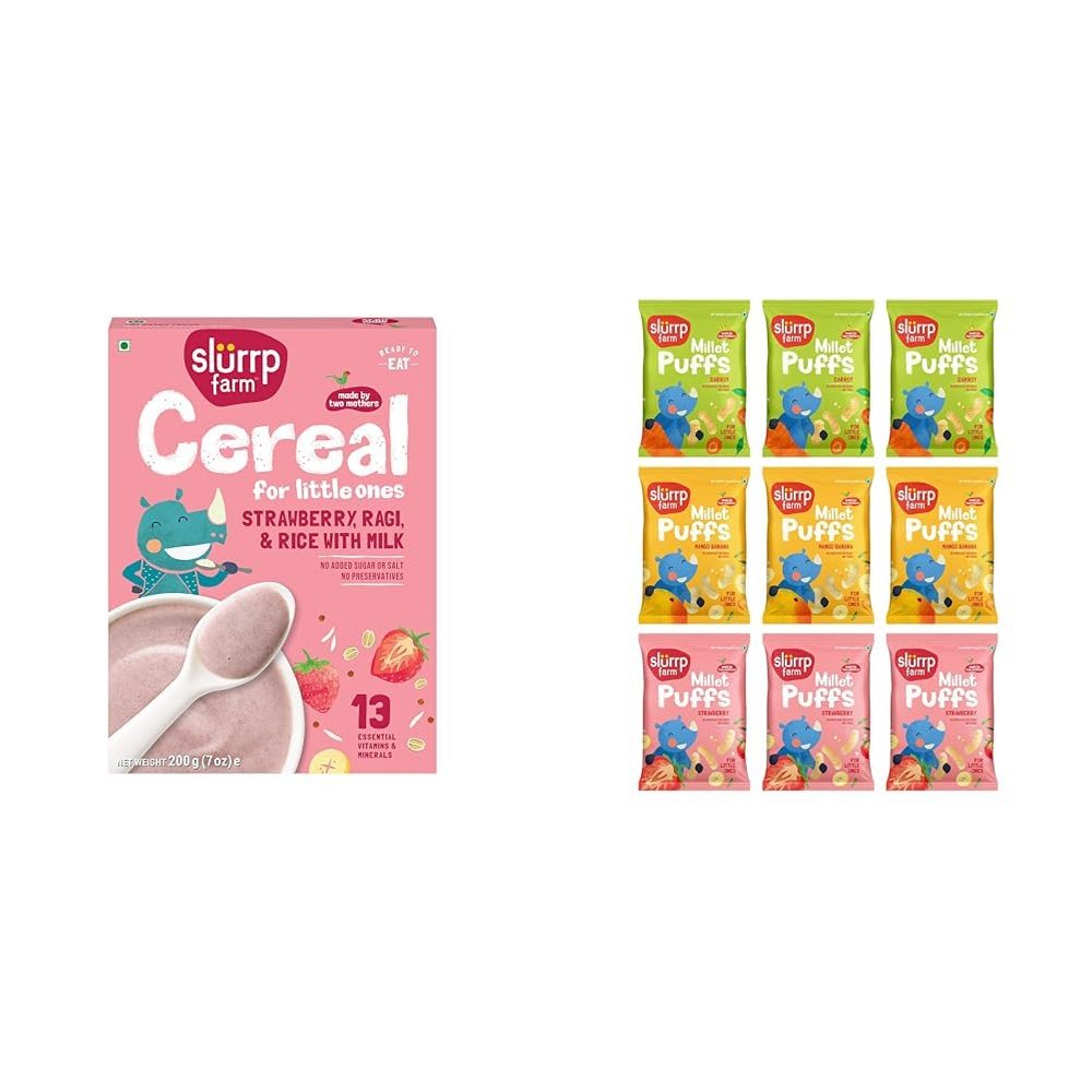 Slurrp Farm Cereal, Ragi, Rice and Strawberry with Milk and Pack of 9 Slurrp Farm Fruit and Vegetable Teething Puffs