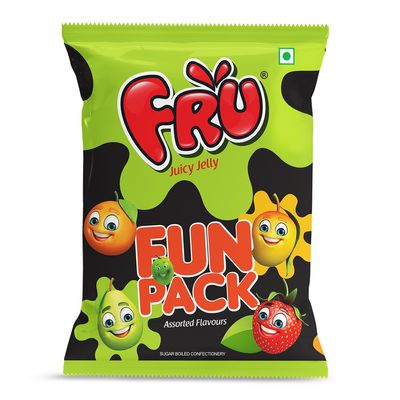 Fru Jucy Jelly Assorted Flavoured Fun Pack of 5 Pouches (1 Pouch = 3.6 GM X 100 Pcs)