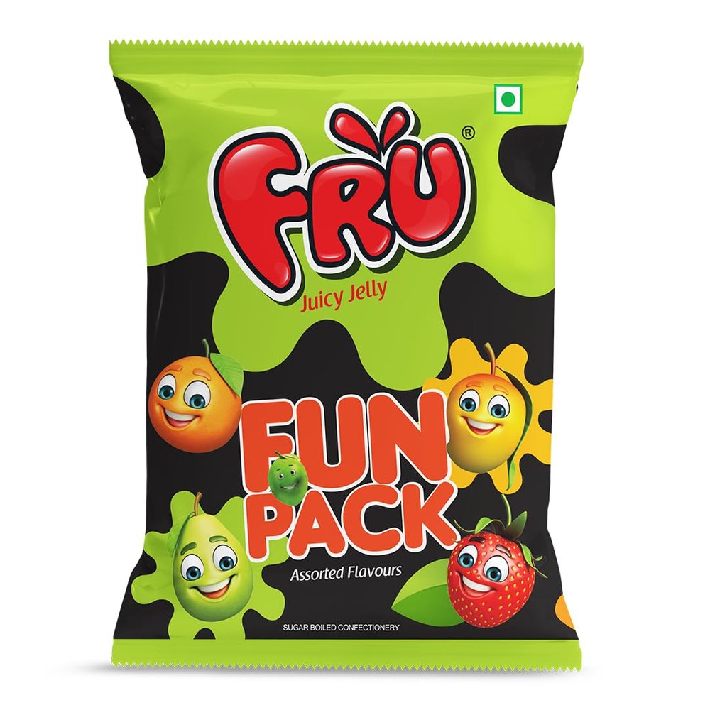 Fru Jucy Jelly Assorted Flavoured Fun Pack of 5 Pouches (1 Pouch = 3.6 GM X 100 Pcs)