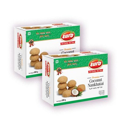 Euro Premium Coconut Nankhatai Cookies 500g Pack of 2 | Authentic Taste, Traditional Recipe | Shortbread Biscuits & Snacks |Perfect for Tea Time Delights, Family Gatherings