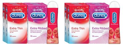 Durex Pleasure Packs (Condoms - 10 Count (Pack of 4, Extra Thin), Condoms - 10 Count (Pack of 4, Extra Ribbed), Pleasure Gel - 50 ml (Strawberry))