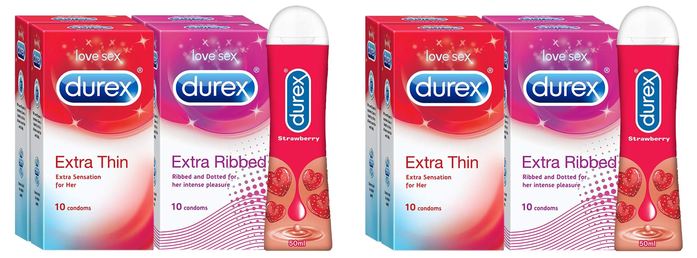 Durex Pleasure Packs (Condoms - 10 Count (Pack of 4, Extra Thin), Condoms - 10 Count (Pack of 4, Extra Ribbed), Pleasure Gel - 50 ml (Strawberry))