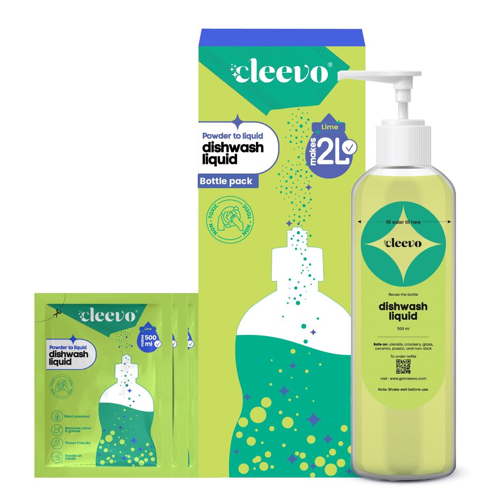 Cleevo Liquid Dishwash Gel - 2 Litre Bottle Pack | Plant-Based Organic Dish Wash for Oil Stains & Burnt Residues | Dish washing Liquid | Pet-Friendly & Child-Safe Natural Dishwasher Liquid (Lime)