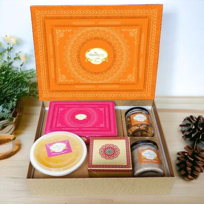 Ghasitaram Gifts Jaiccha Holi Sweets/Holi Hampers/Thandai Ghasitaram Orange Hamper Box with Gujiyas, Thandai, Bhakarwadi, and Ghevar|Gift Hamper| Diwali Gift Hamper|Food Hampers|Gourmet Hampers|
