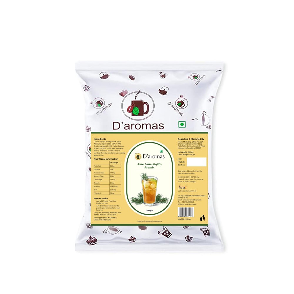 D'aromas Pine Lime Mojito Premix 2.5kg, Instant Premix Mix Powder For Moctail, Refreshing & Ready To Serve, Drink Premix, Ideal For Home, Cafes, Hotels & Resturant (Each 500gm) (Pack Of 5)