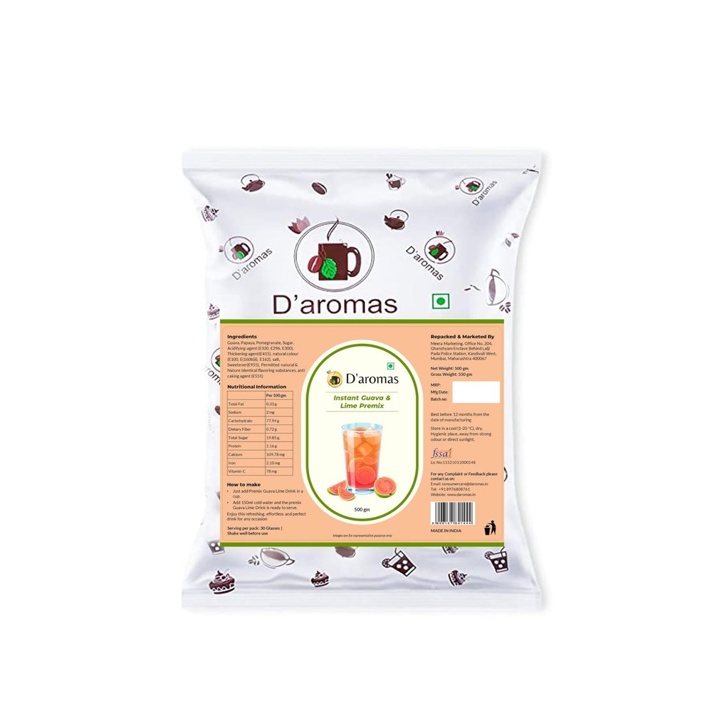Daromas Instant Guava Lime Drink Premix | 4kg (500g Each) (Pack of 8) | Refreshing Fruit Beverage Mix | Quick & Easy Summer Drink | Perfect for Home, Cafes, Hotels & Restaurants