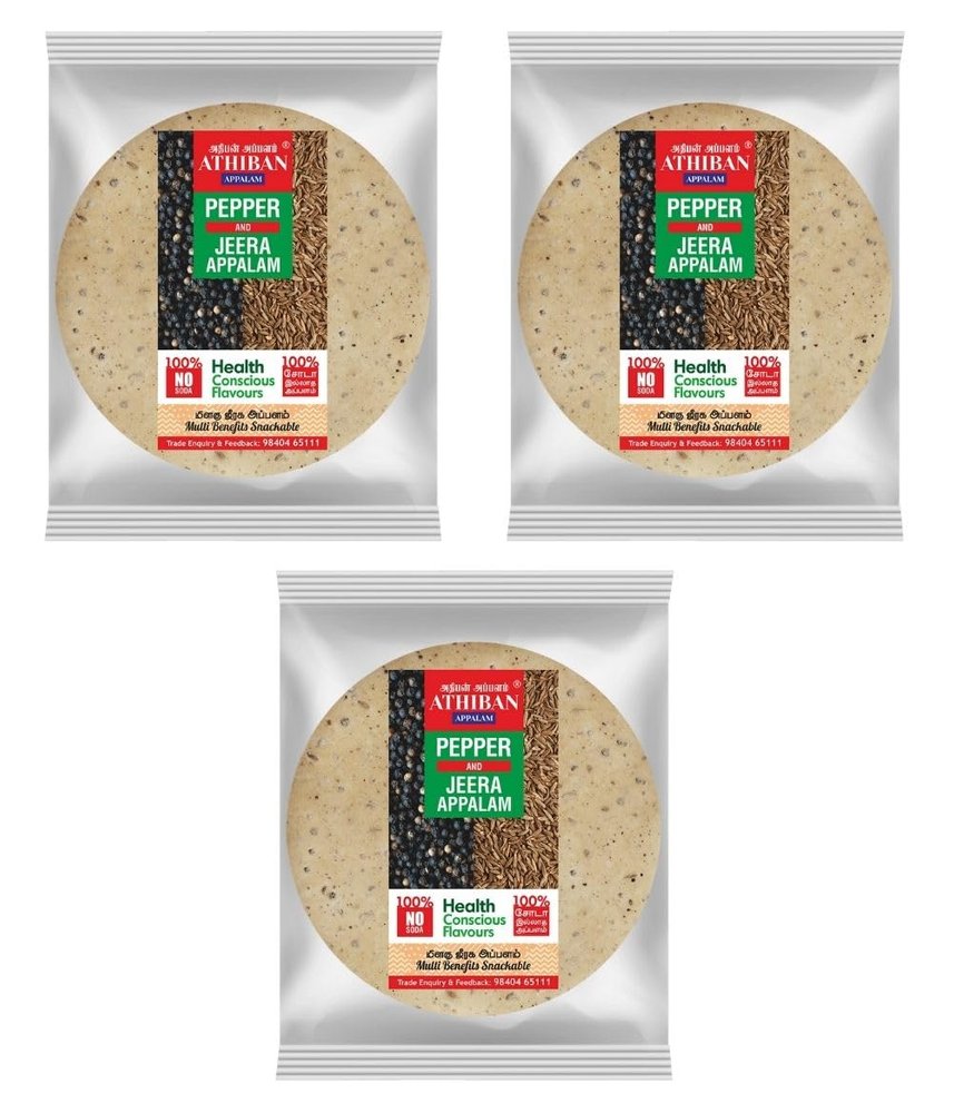 Athiban Appalam 90g Pepper Jeera Appalam/Papad| No Soda Added| 5.5 Diameter| Traditionally Handmade. (Pack Of 3)