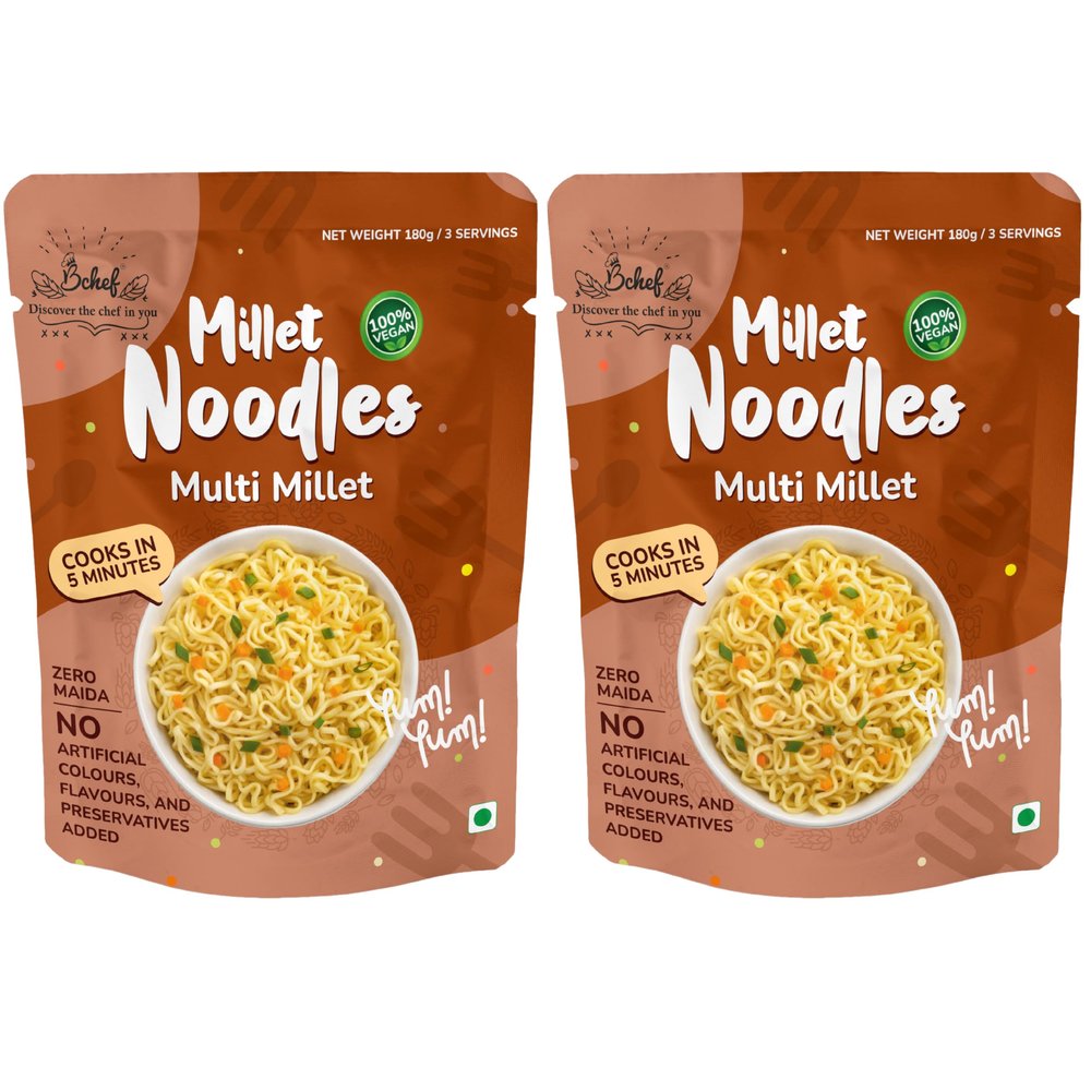 Bchef Multi Millet Noodles | Zero Maida, No Artificial Colours, No Flavours & Preservative Added | 100% Vegan Noodles | Healthy Nutritional Food, (Combo Pack of 2,180g each)