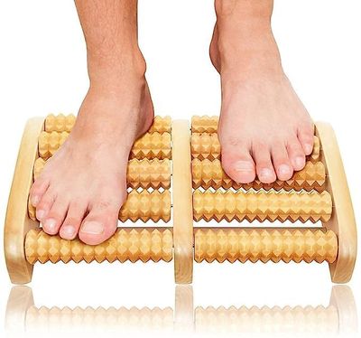 AATMNIVEDI Dual Foot Massager - Wooden Massage Roller for Plantar Fasciitis, Stress, Heel and Arch Pain - Shiatsu Deep Tissue Therapy with Reflexology Chart - Acupressure for Feet, Sore Leg Muscles