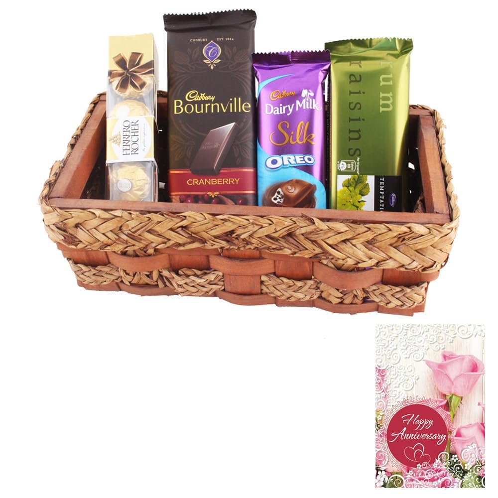 SFU E Com Attractive Wooden Basket With Premium Chocolates | Anniversary Chocolate Gift Hamper | Anniversary Greeting Card With Chocolate Combo | 437
