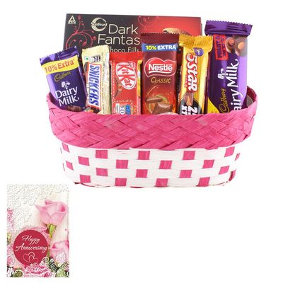 SFU E Com Beautiful Chocolate Gift Hamper With Basket | Anniversary Chocolate Gift Hamper | Anniversary Greeting Card With Chocolate Combo | 469
