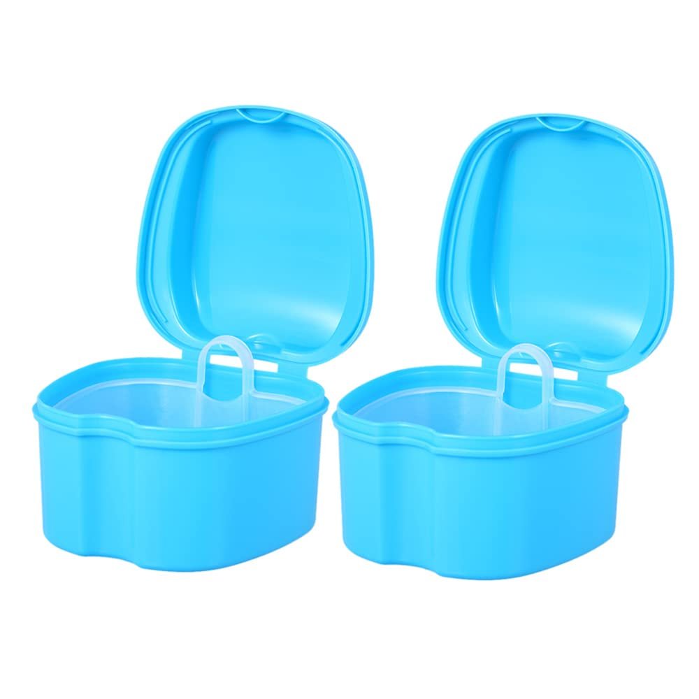 Ubervia 2 Pack Denture Bath Box Case Dental False Teeth Storage Box Cleaning Container Rinsing Basket Retainer Appliance Holder Tray