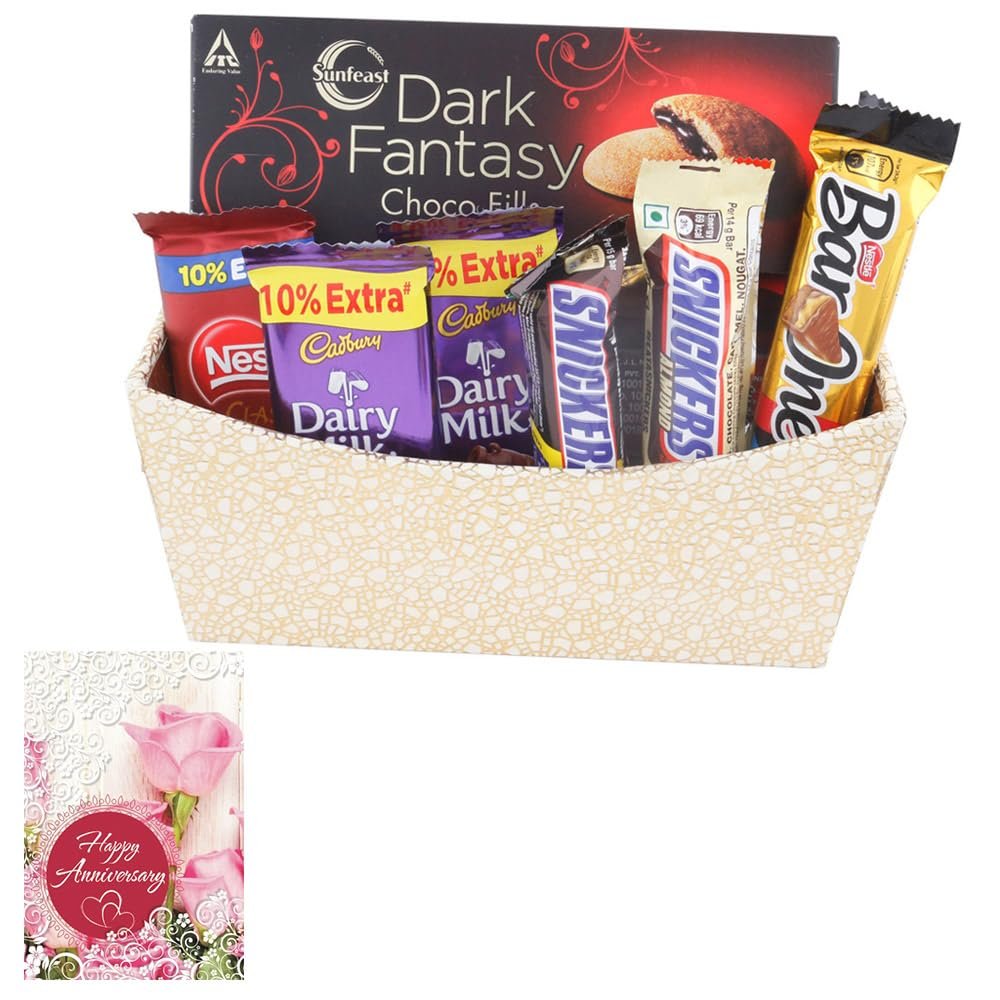 SFU E Com 7 Pieces Chocolate Hamper With Attractive Golden Basket | Anniversary Chocolate Gift Hamper | Anniversary Greeting Card With Chocolate Combo | 258