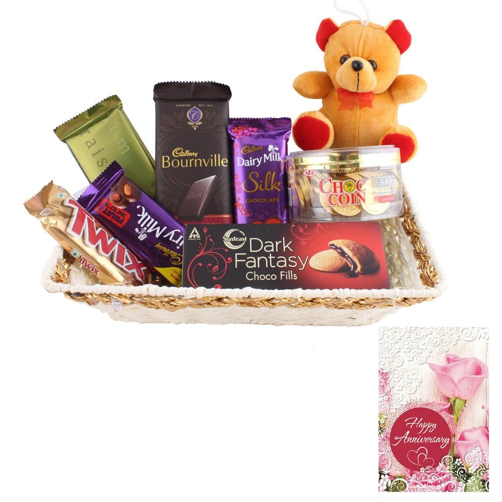 SFU E Com Beautiful Chocolate Gift Hamper With Brown Teddy | Anniversary Chocolate Gift Hamper | Anniversary Greeting Card With Chocolate Combo | 538
