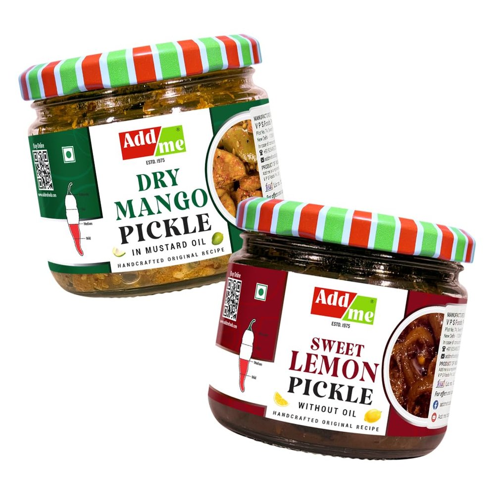 Add me Dry Mango Pickle 300g Homemade Aam ka Sukha Achar | Sweet Lemon Pickle 350g Khatta Meetha Nimbu Ka Achar Without Oil, Pickle in Glass Jar. (Pack of 2)