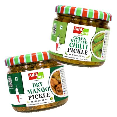 Add me Green Stuffed Chilli Pickles 300g Hari Mirch ka Bharua Achaar | Dry Mango Pickle 300g Homemade Aam ka Sukha Achar | Home made indian achaar (Pack of 2)