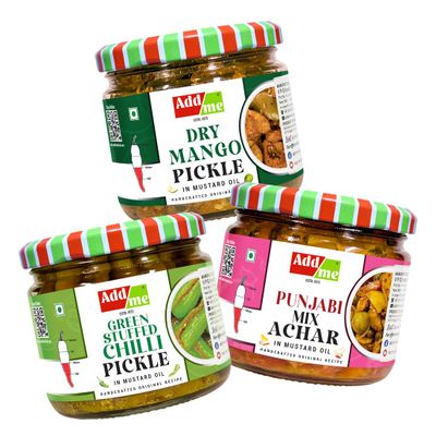 Add me Dry Mango Pickle, Aam ka Sukha Achar | Green Stuffed Chilli Pickles, Hari Mirch ka Bharua Achaar | Punjabi Mix, Hand Made Mix achar | (3 x 300 g)
